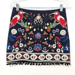 Umgee Island Girl Embroidered Mini Skirt Bird Floral Boho Pom Pom Trim Size Sm